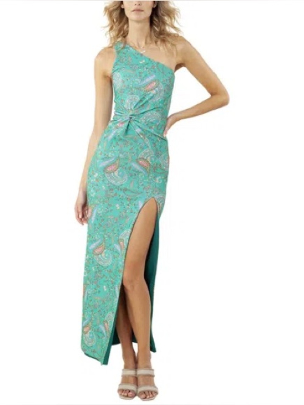 NWT Hale Bob One Shoulder Paisley Maxi Dress Large Slit